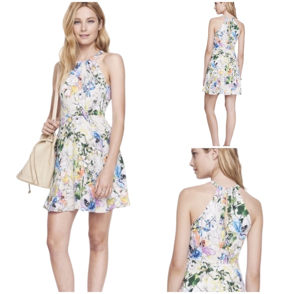 Express Floral Halter Skater Dress Size 10 Open Back Fit & Flare Multicolor